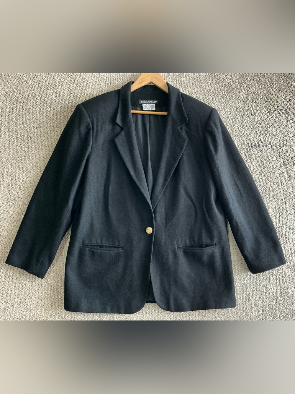 Savannah Women’s Black 100% Wool Blazer Jacket Gold Button Size 14 Vintage Style